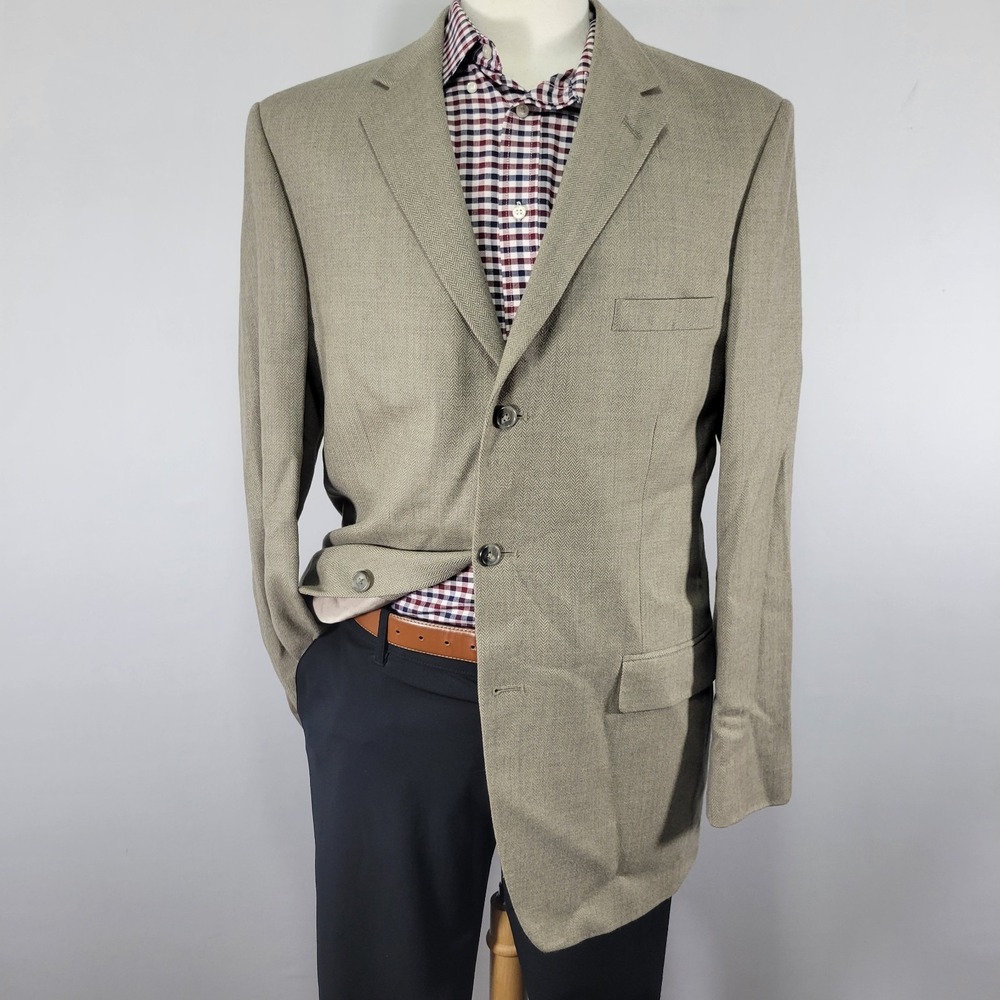 Stafford Men's Sport Coat Blazer Three Button Beige Soft Herrinbone Wool Size 42